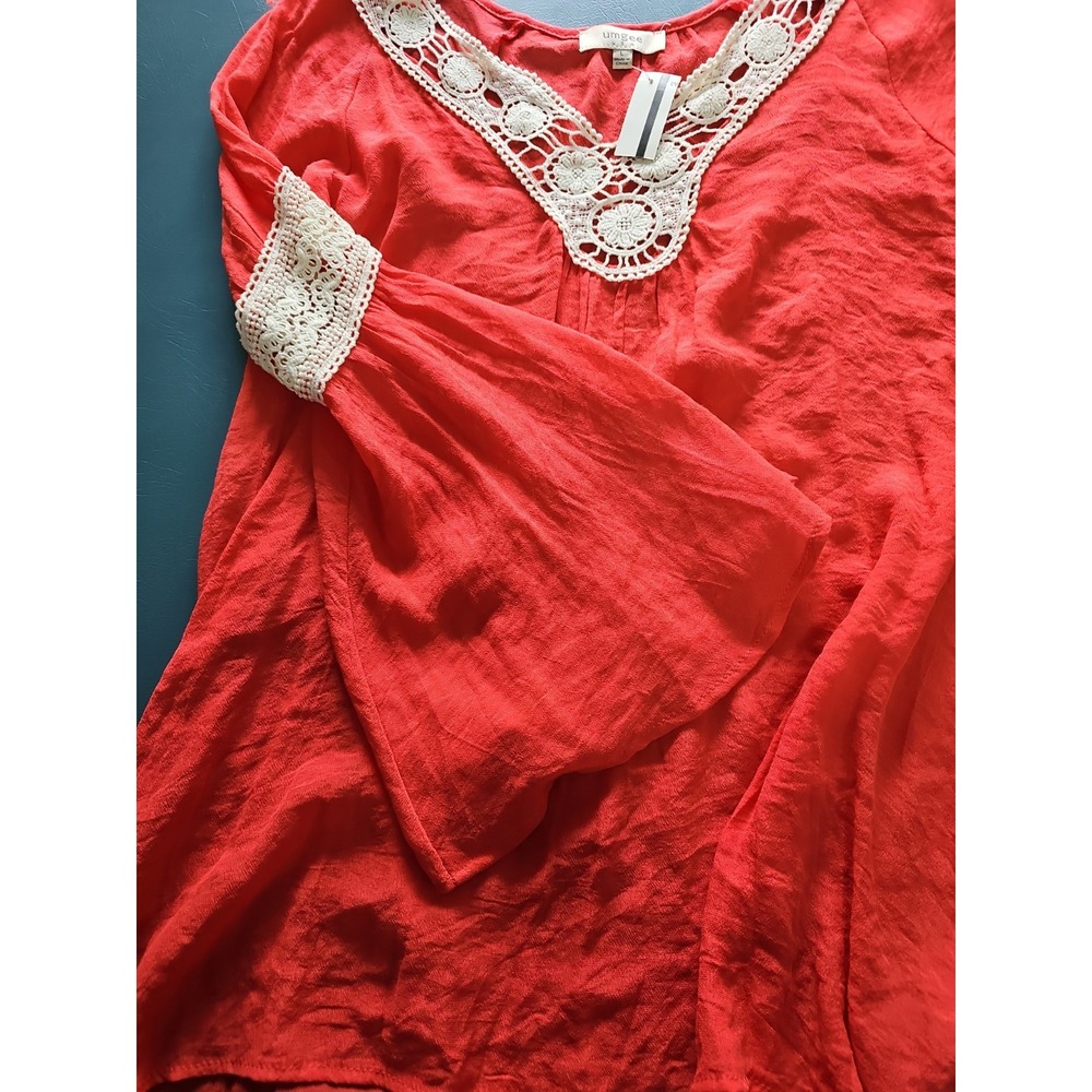 Umgee Size L Women's NWT Boho Bell Sleeve Dark Peach White Lagenlook V-Neck Top - Picture 10 of 10